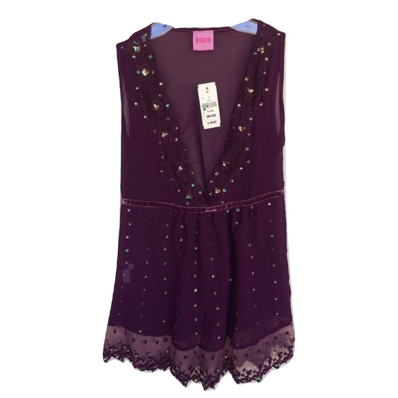 NWT Boon Embellished Lace Trim Purple Tank Top - Picture 1 of 3